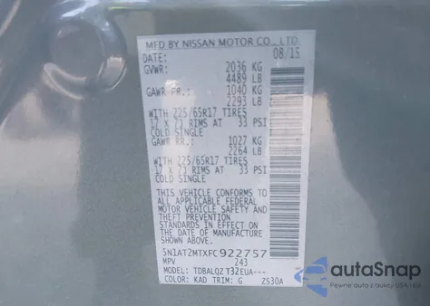 2015 Nissan Rogue Sv z USA, uszkodzony, nr VIN 5N1AT2MTXFC922757